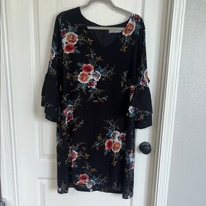 Floral Black Dress with Bell Sleeves